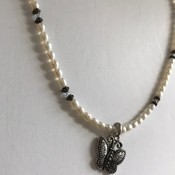 Vintage Handmade Sterling Silver Butterfly Pearl Swarovski Crystal Necklace 16 - Picture 6 of 8